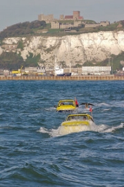 Two dutton amphibious cars leaving Dover to cross the English Channel